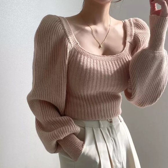 Sweaters - Sweater knit blush pink black womens puff sleeve